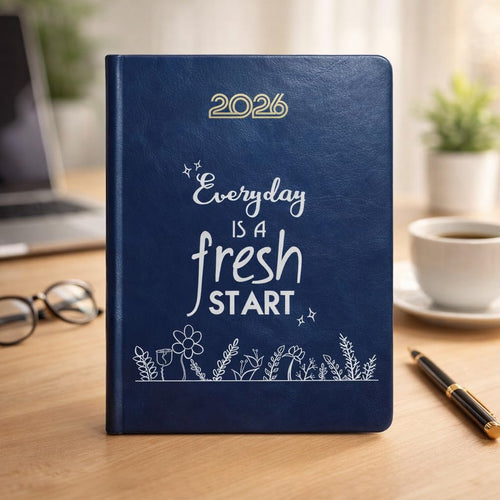 Castleore Fresh Start Printed coloured PU Foam Padded Leather Cover A5 Size 8.3 inch x 6 inch Premium Paper Quality Executive New Year Diary 2026 Daily Monthly Planner with Dates (Blue 2026)