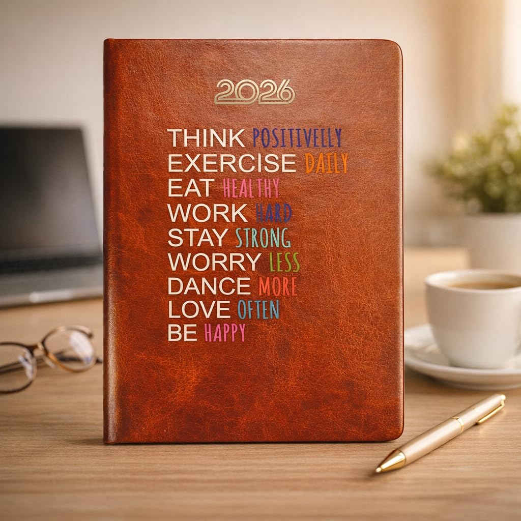 Castleore Think Positive Printed coloured PU Foam Padded Leather Cover A5 Size 8.3 inch x 6 inch Premium Paper Quality 365 Pages Full Page Per Day Executive New Year Diary 2026 Daily Monthly Planner with Dates (Think Black 2026)