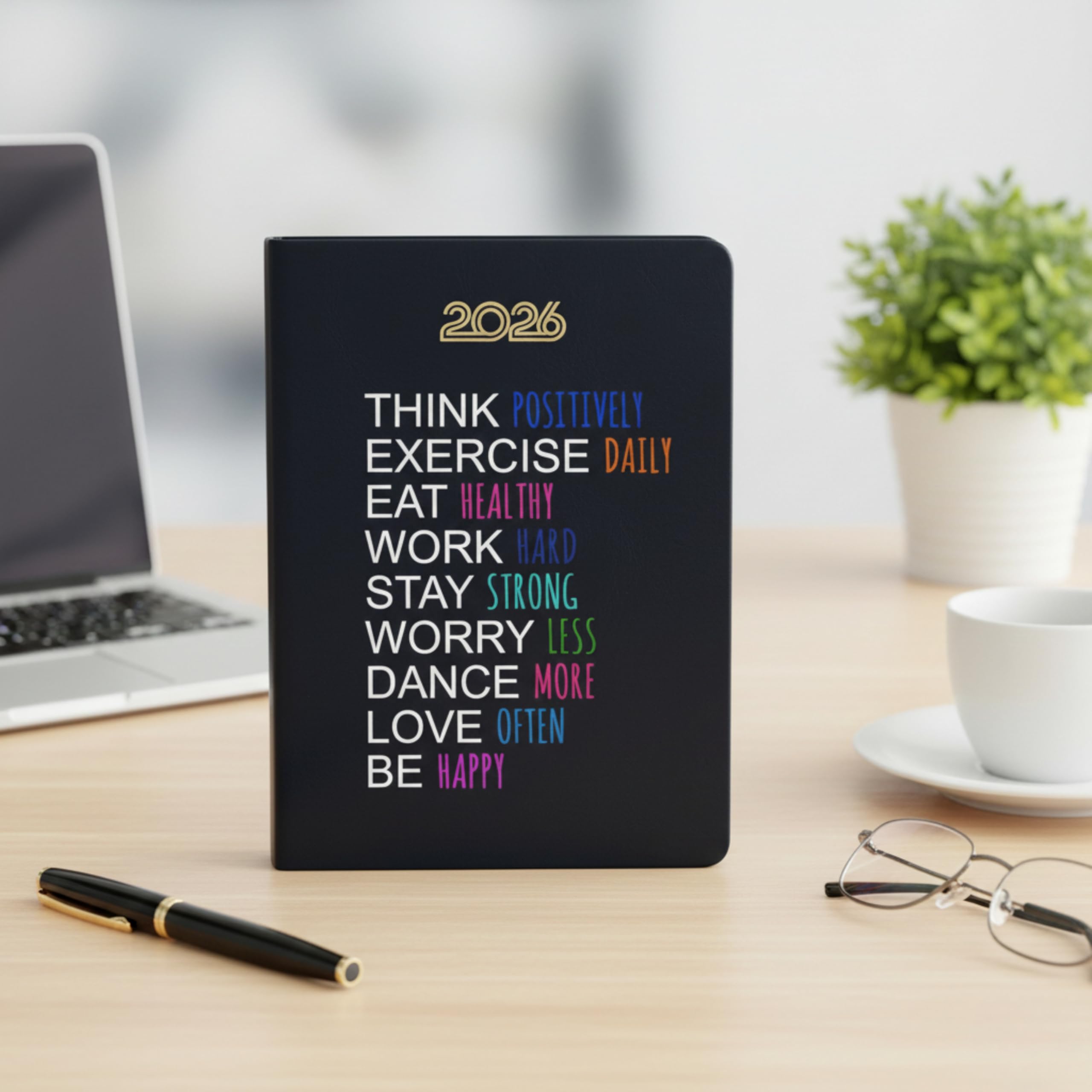 Castleore Think Positive Printed coloured PU Foam Padded Leather Cover A5 Size 8.3 inch x 6 inch Premium Paper Quality 365 Pages Full Page Per Day Executive New Year Diary 2026 Daily Monthly Planner with Dates (Think Black 2026)