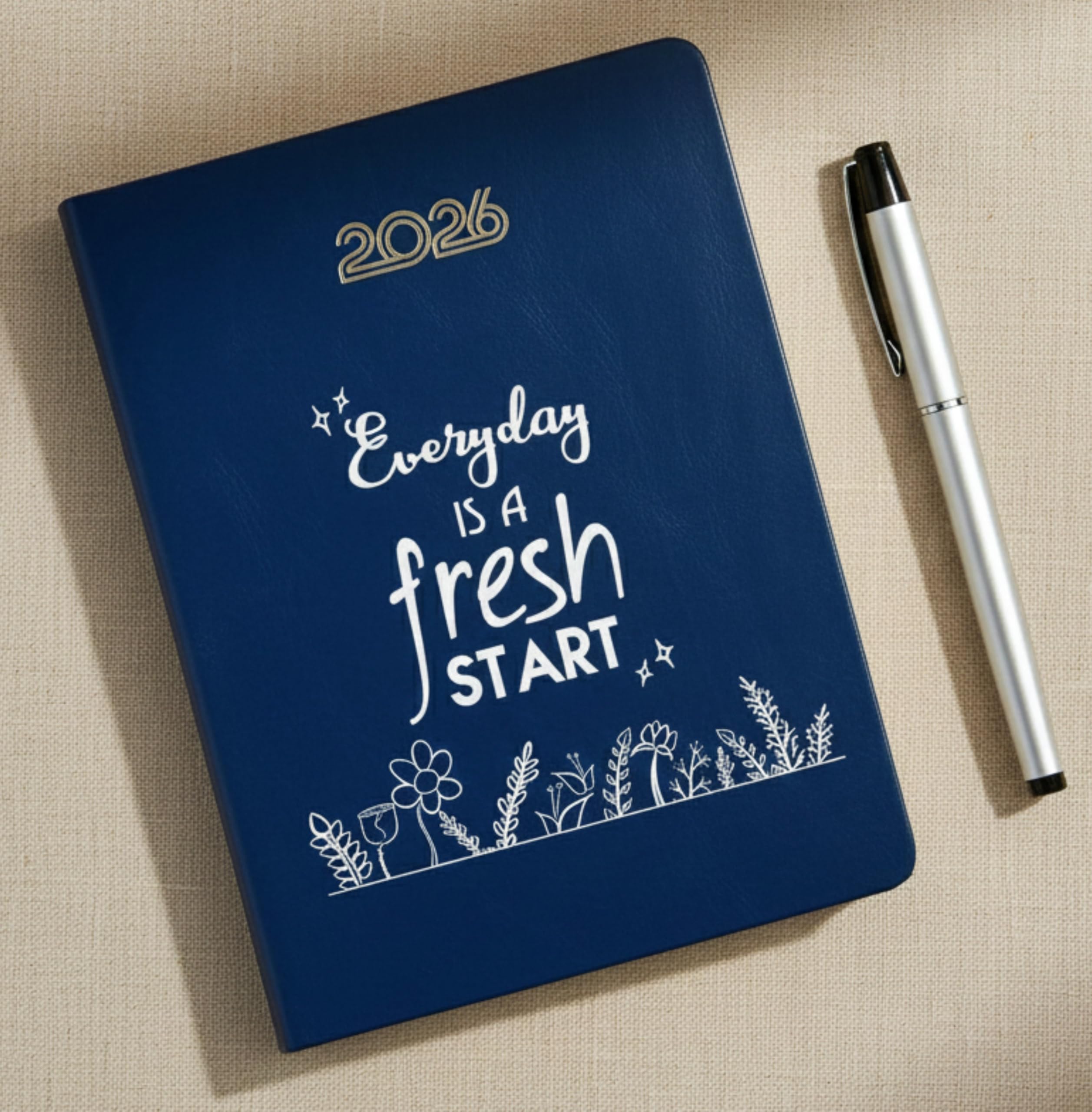 Castleore Fresh Start Printed coloured PU Foam Padded Leather Cover A5 Size 8.3 inch x 6 inch Premium Paper Quality Executive New Year Diary 2026 Daily Monthly Planner with Dates (Blue 2026)