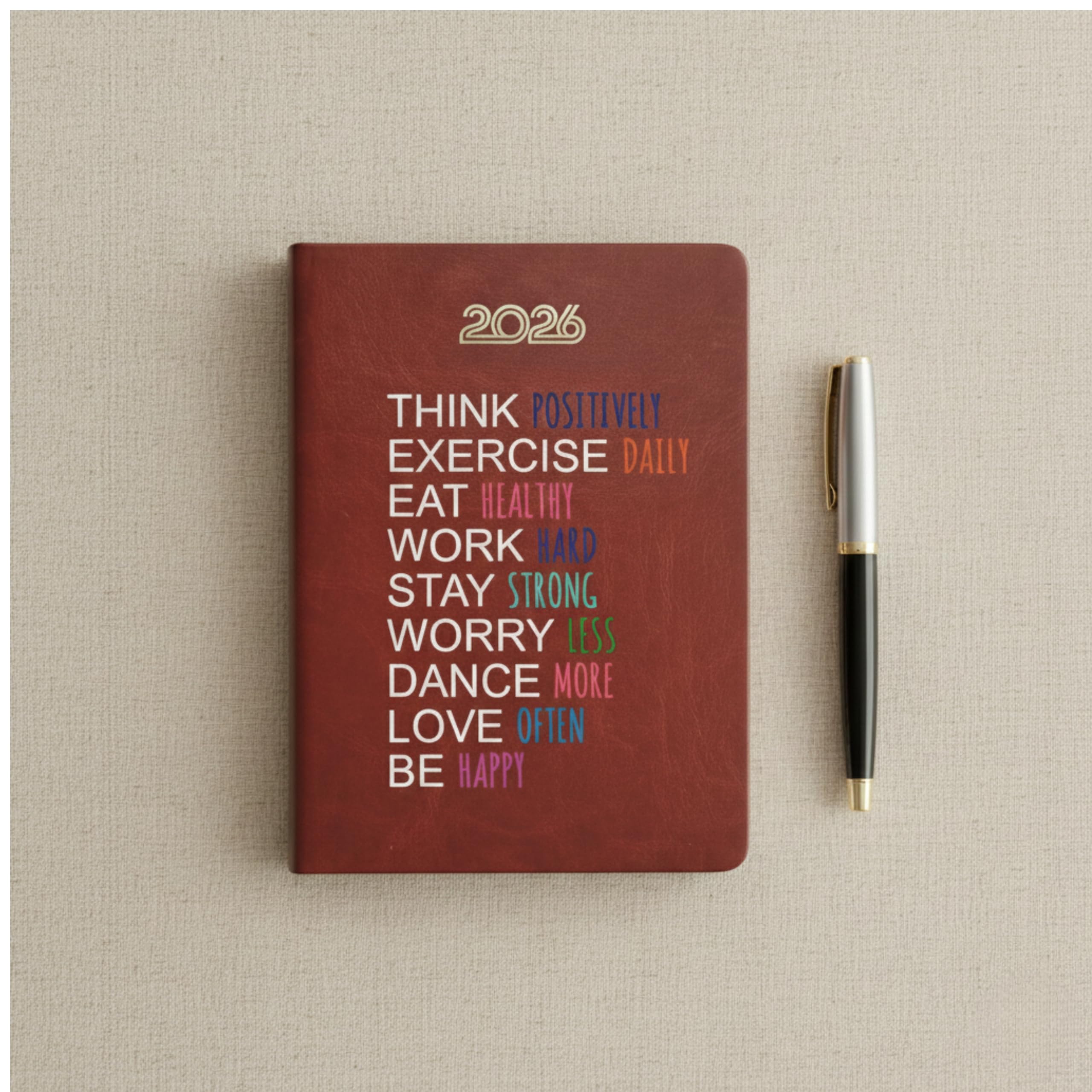 Castleore Think Positive Printed coloured PU Foam Padded Leather Cover A5 Size 8.3 inch x 6 inch Premium Paper Quality 365 Pages Full Page Per Day Executive New Year Diary 2026 Daily Monthly Planner with Dates (Think Black 2026)