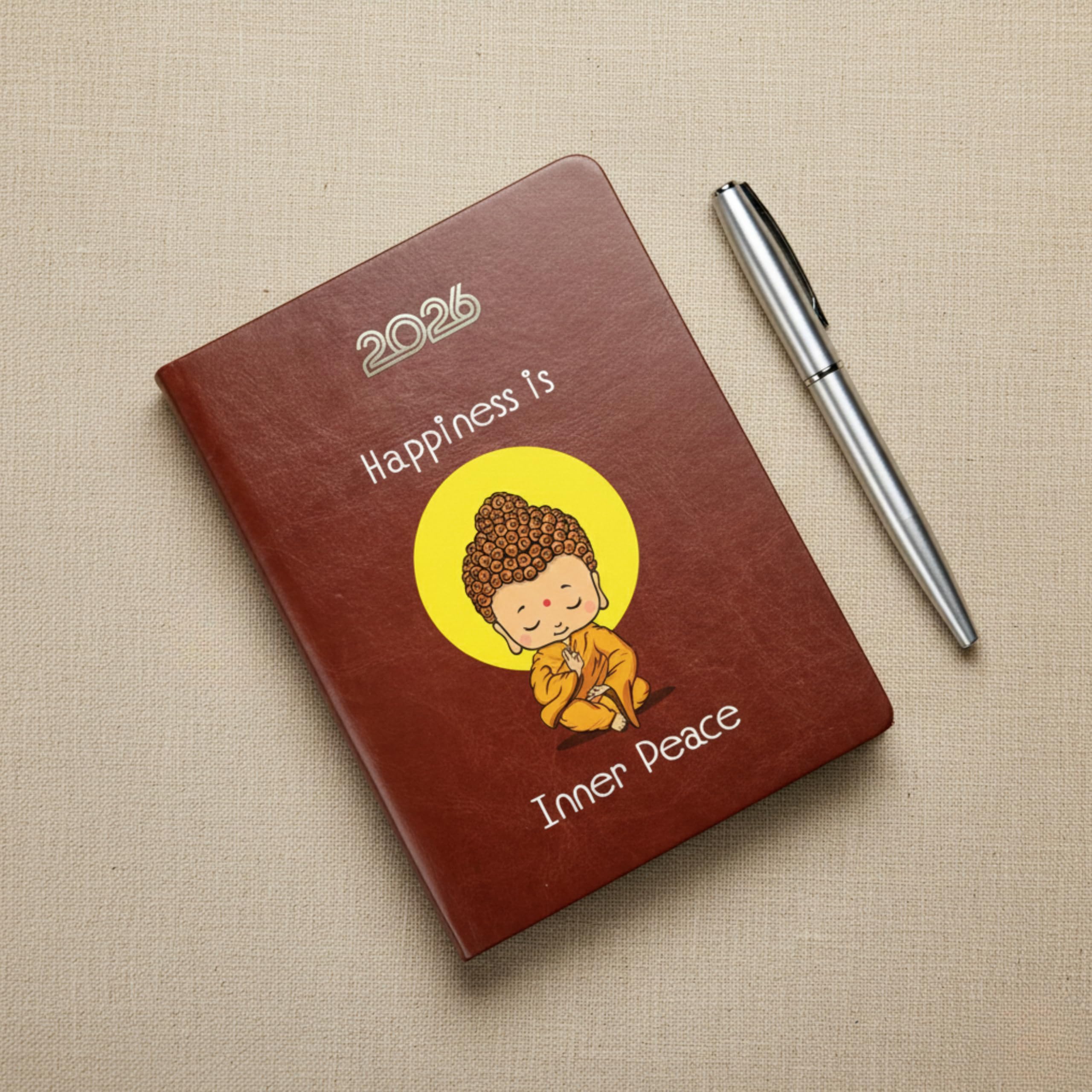 Castleore Inner Peace Printed coloured PU Foam Padded Leather Cover A5 Size 8.3 inch x 6 inch Premium Paper Quality Executive New Year Diary 2026 Daily Monthly Planner with Dates (Inner peace brown 2026) (Inner Peace Brown 2026)