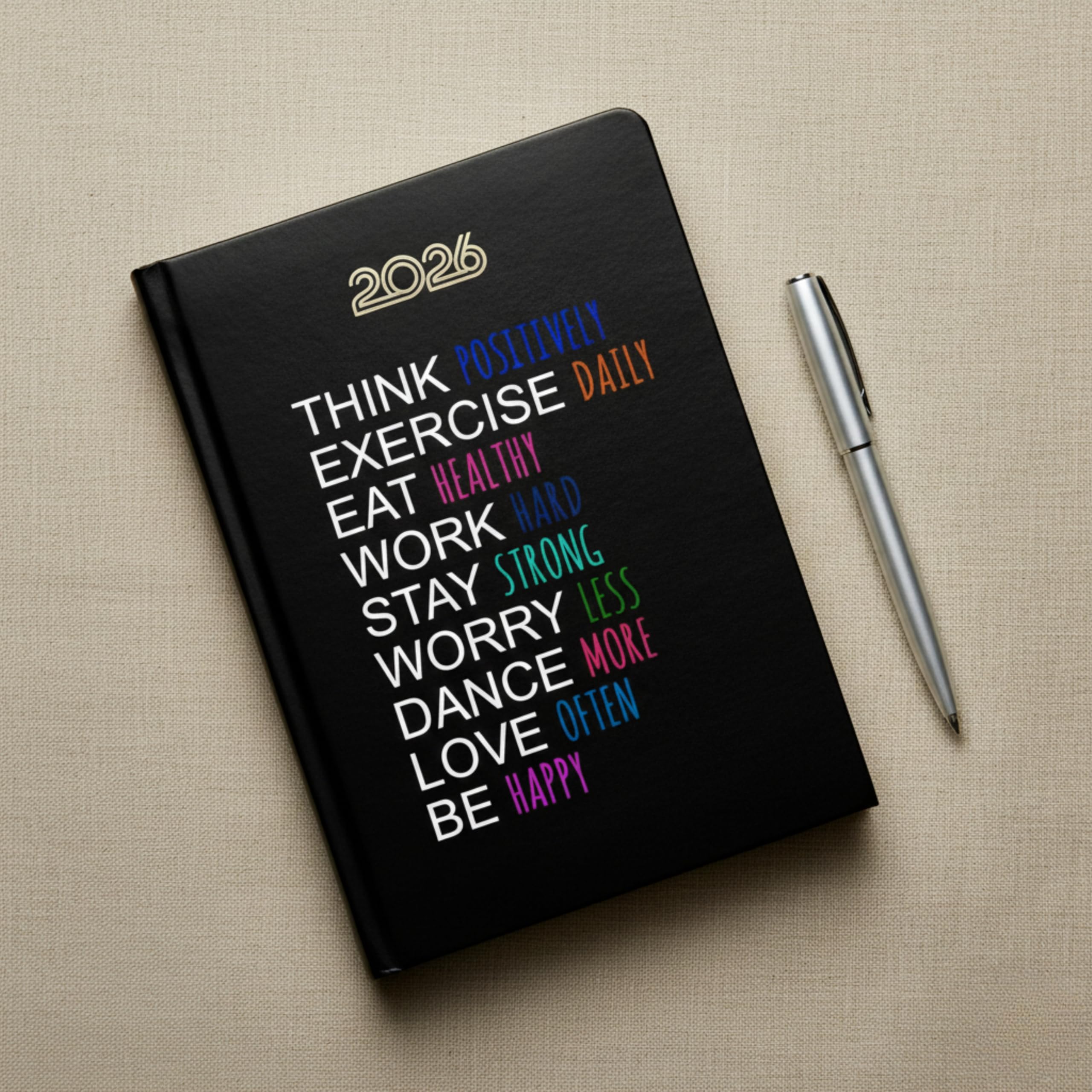 Castleore Think Positive Printed coloured PU Foam Padded Leather Cover A5 Size 8.3 inch x 6 inch Premium Paper Quality 365 Pages Full Page Per Day Executive New Year Diary 2026 Daily Monthly Planner with Dates (Think Black 2026)