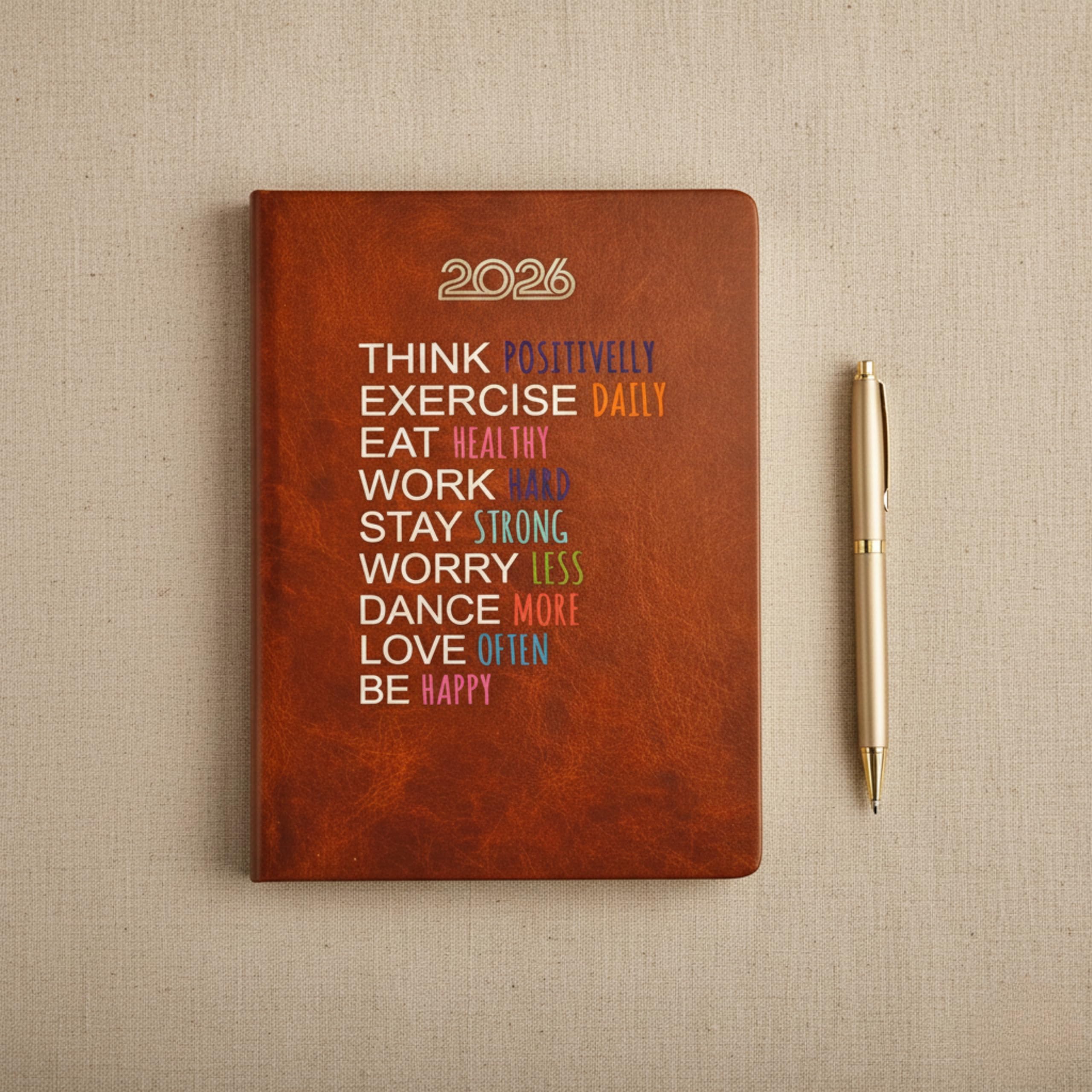 Castleore Think Positive Printed coloured PU Foam Padded Leather Cover A5 Size 8.3 inch x 6 inch Premium Paper Quality 365 Pages Full Page Per Day Executive New Year Diary 2026 Daily Monthly Planner with Dates (Think Black 2026)