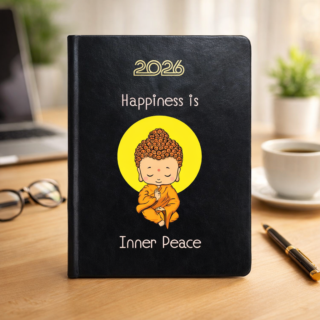 Castleore Inner Peace Printed coloured PU Foam Padded Leather Cover A5 Size 8.3 inch x 6 inch Premium Paper Quality Executive New Year Diary 2026 Daily Monthly Planner with Dates (Inner Peace black 2026)